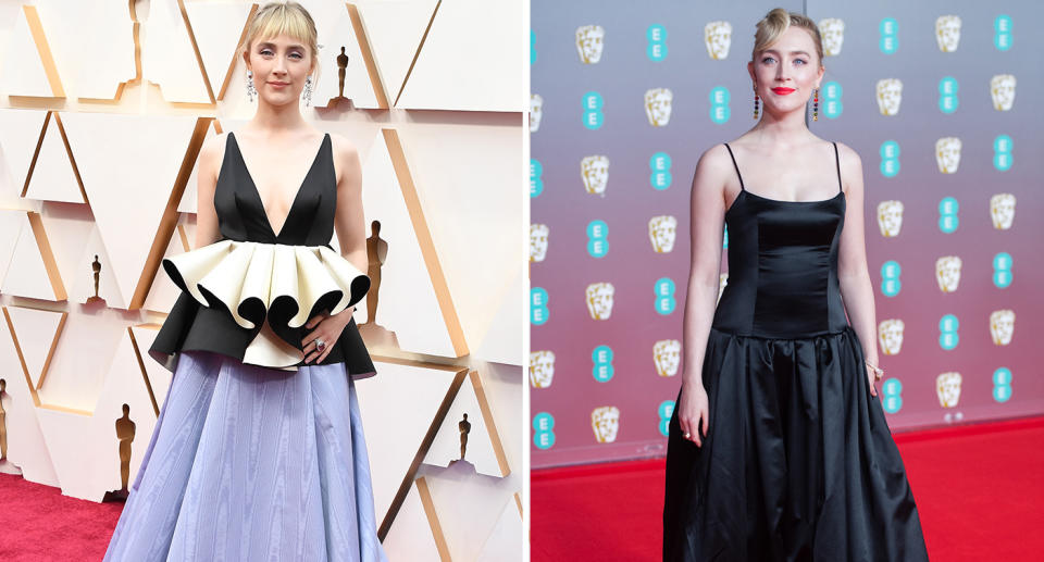 Not only did Ronan wear a Gucci gown made from recycled satin for the BAFTAS, she then wore a peplum gown made from some of the same material for the Oscars. (Getty Images)