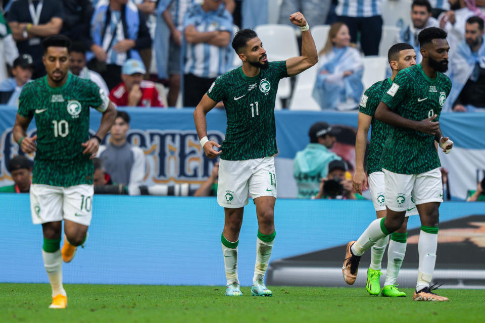 LUSAIL, QATAR - NOVEMBER 22: Saudi Arabia forward Saleh Al-Shehri celebrates his goal during the 2022 FIFA World Cup group C match between Argentina and Saudi Arabia at Lusail Iconic Stadium in Lusail, Qatar. (Photo by Richard Gordon/Icon Sportswire via Getty Images)