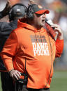 Cleveland Browns head coach Freddie Kitchens yells instructions to players during the first half of an NFL football game against the Seattle Seahawks, Sunday, Oct. 13, 2019, in Cleveland. (AP Photo/Ron Schwane)