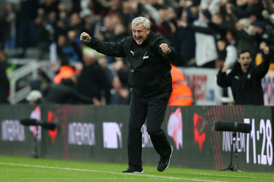 NEWCASTLE UPON TYNE, ENGLAND - OCTOBER 06: Steve Bruce, Manager of Newcastle United celebrates his teams opening goal during the Premier League match between Newcastle United and Manchester United at St. James Park on October 06, 2019 in Newcastle upon Tyne, United Kingdom. (Photo by Jan Kruger/Getty Images)