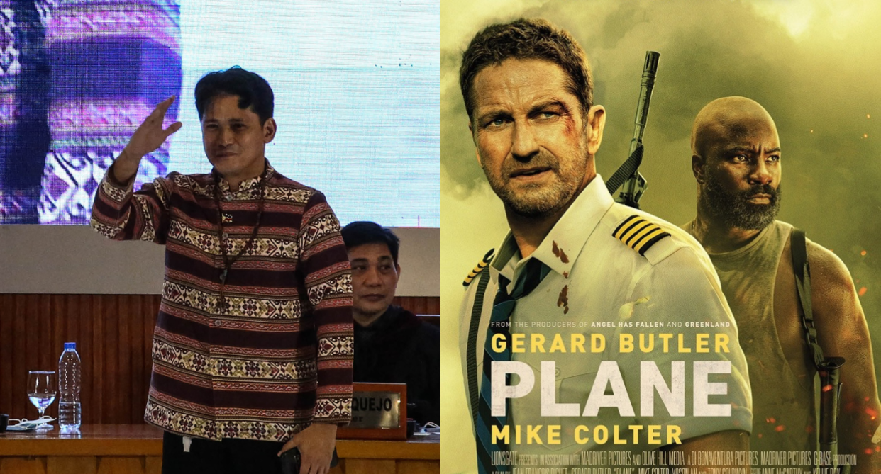 Philippine Senator Robin Padilla (left) gestures and Plane's promotional poster (right) featuring lead actors Gerard Butler and Mike Colter.