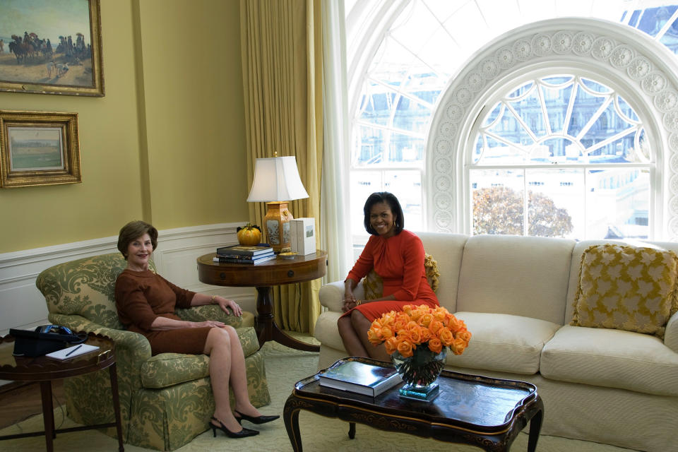 Mrs. Laura Bush and Mrs. Michelle Obama sit in the private residence of the White House Monday, Nov. 10, 2008, after the President-elect and Mrs. Obama arrived for a visit.  White House photo by Joyce N. Boghosian