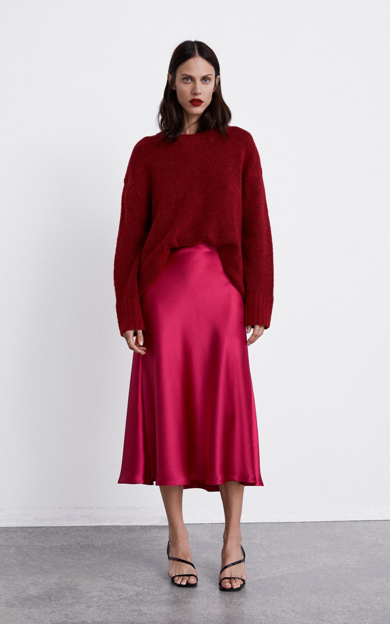 A chunky knit and slip skirt is perfect for Christmas in the city. Knit, £59.99 and skirt, £29.99, Zara