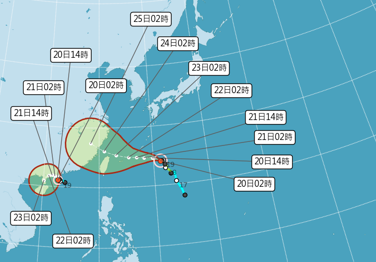 烟花強度持續朝中颱成長，雖然路徑預測的不確定性還很大，但暴風圈侵台機率很高。（氣象局提供）