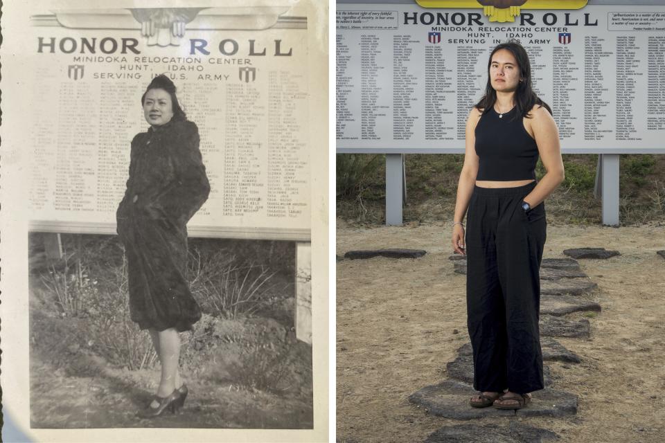 In this combination of photos, Rose Kokubu Fujisaki, grandmother of Tessa Fujisaki, is photographed in front of the Honor Roll at Minidoka in 1943 and Tessa Fujisaki poses at the same location Saturday, July 9, 2023 at Minidoka National Historic Site in Jerome, Idaho. (Courtesy Tessa Fujisaki, Lindsey Wasson via AP)