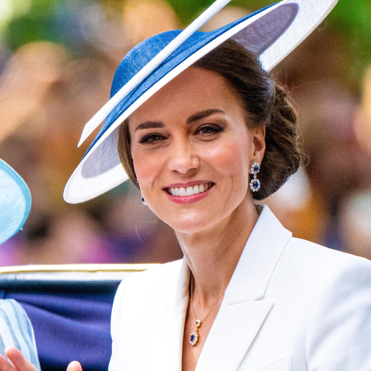 Kate Middleton white suit blue hat