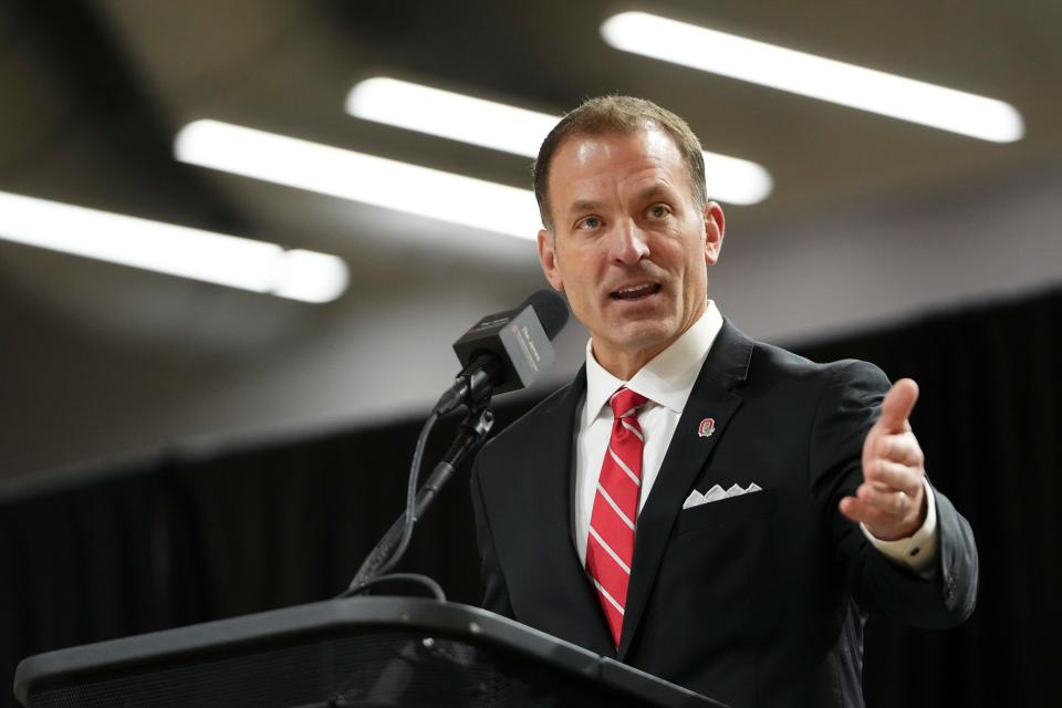 Ohio State's new athletic director Ross Bjork speaks his introductory press conference at the Covelli Center on Jan. 17.