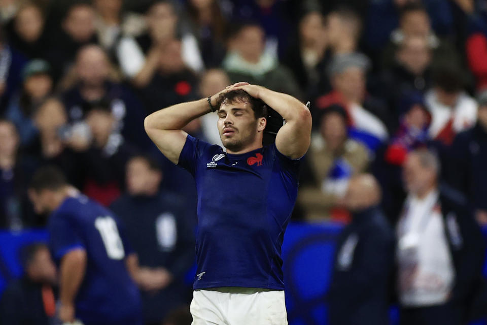 France's Matthieu Jalibert reacts at the end of the Rugby World Cup quarterfinal match between France and South Africa at the Stade de France in Saint-Denis, near Paris, Sunday, Oct. 15, 2023. South Africa won 29-28. (AP Photo/Aurelien Morissard)