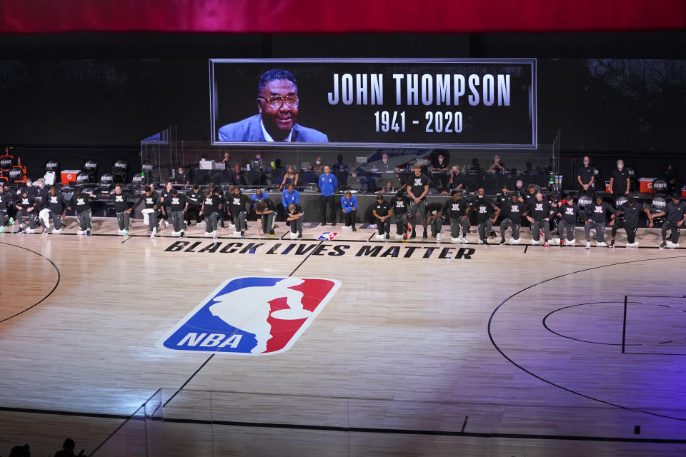 The Miami Heat and the Milwaukee Bucks honored John Thompson before their playoff game on Monday night. (AP Photo/Mark J. Terrill)