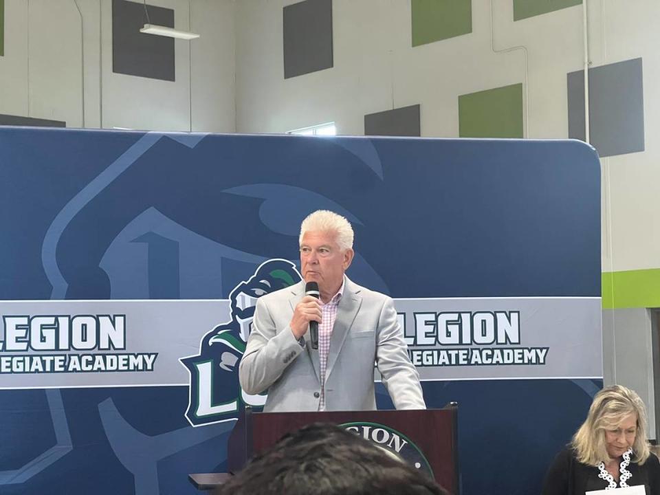 Rich Posipanko speaks at Legion Collegiate’s signing day on May 15.