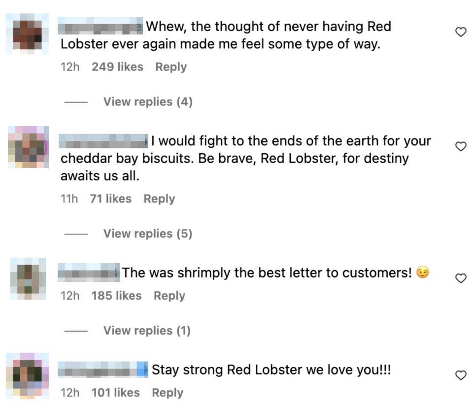 Comments about Red Lobster on social media. Comments praise Red Lobster's cheddar bay biscuits, customer letters, and express support.