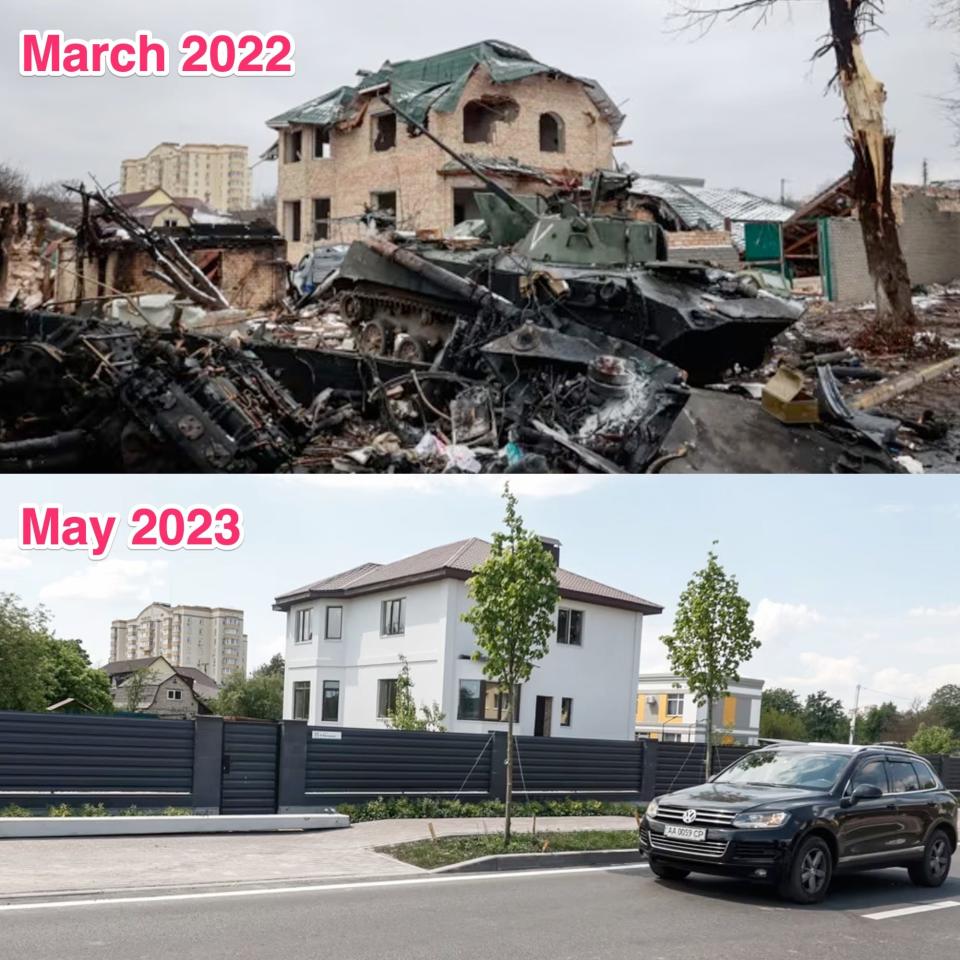 The top image shows destroyed Russian military hardware photographed on Vokzalna Street on March 1, 2022. Below is a photo of a rebuilt house in the exact same spot a year later.