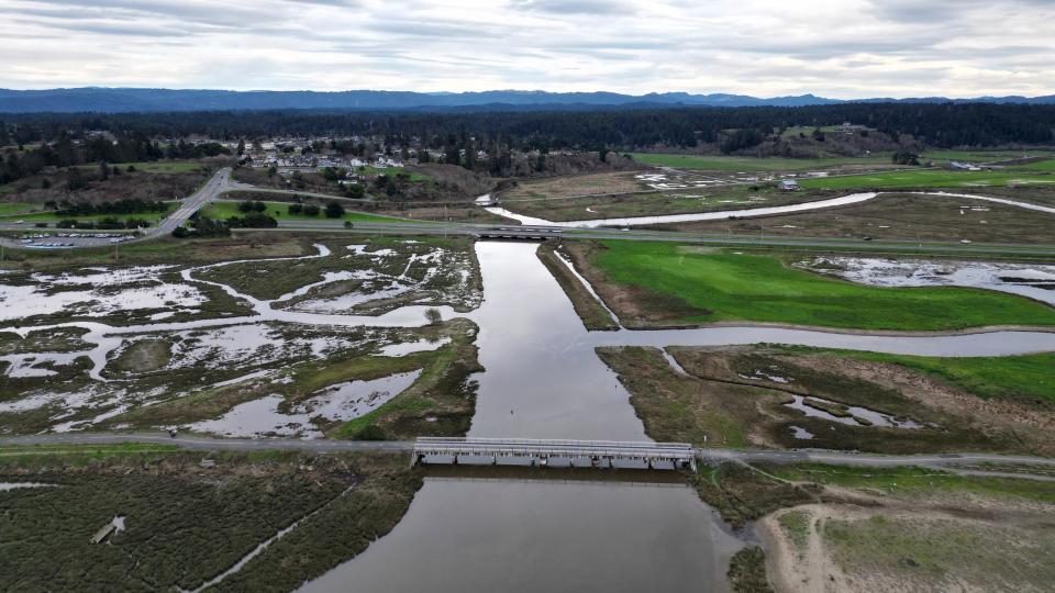 Drone photo shows an area of the Elk River that's been the site a salmon restoration project in Eureka, Calif., Monday, Jan. 29, 2024. (AP Photo/Terry Chea)