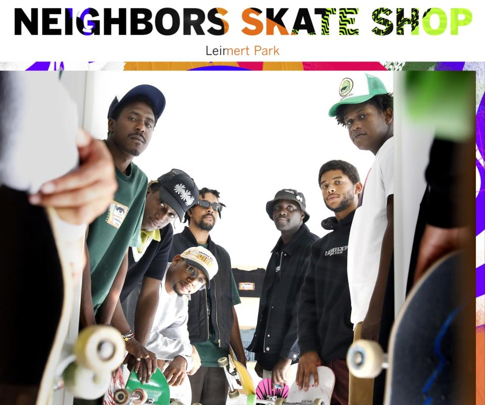 Skaters posing at Neighbors Skate Shop in Leimert Park Village.