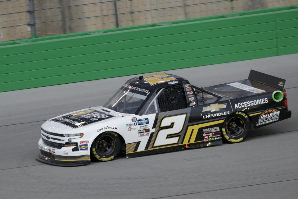 Sheldon Creed drives during a NASCAR Truck Series race Saturday, July 11, 2020, in Sparta, Ky. (AP Photo/Mark Humphrey)