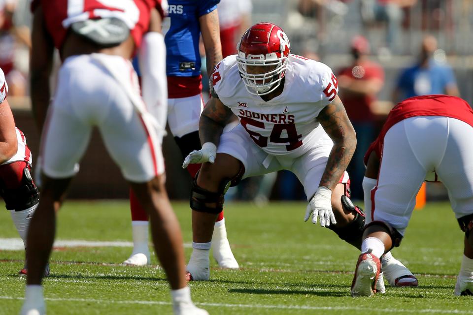 Oklahoma's Marquis Hayes (54) lines up for a play during a spring football game for the University of Oklahoma Sooners (OU) at Gaylord Family-Oklahoma Memorial Stadium in Norman, Okla., Saturday, April 24, 2021. 