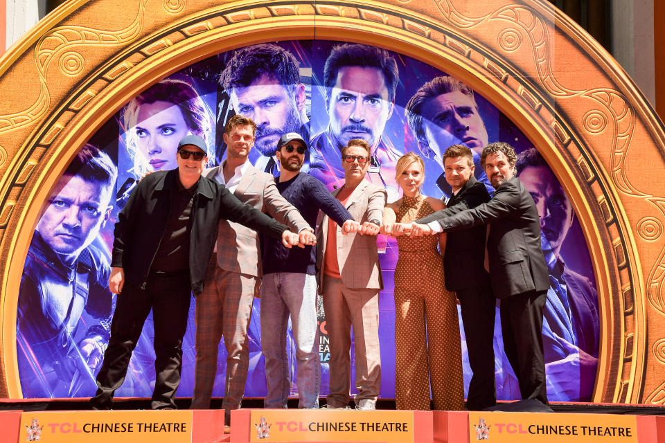 HOLLYWOOD, CALIFORNIA - APRIL 23: President of Marvel Studios/Producer Kevin Feige, Chris Hemsworth, Chris Evans, Robert Downey Jr., Scarlett Johansson, Mark Ruffalo, and Jeremy Renner attends the Marvel Studios' 'Avengers: Endgame' cast place their hand prints in cement at TCL Chinese Theatre IMAX Forecourt at TCL Chinese Theatre IMAX on April 23, 2019 in Hollywood, California. (Photo by Matt Winkelmeyer/Getty Images)