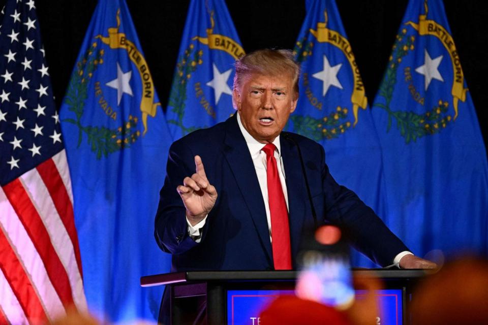 PHOTO: Former President and 2024 Republican Presidential hopeful Donald Trump speaks at a Republican volunteer recruitment event at Fervent, a Calvary Chapel, in Las Vegas, July 8, 2023. (Patrick T. Fallon/AFP via Getty Images)