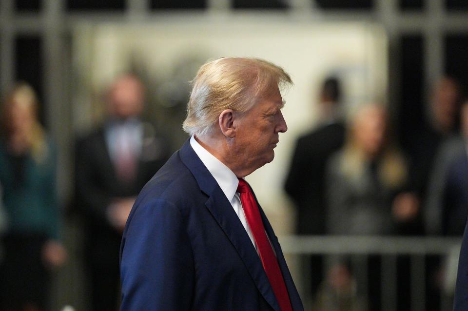 April 23, 2024; New York, NY, USA; Former President Donald Trump appears in Manhattan Supreme Court for the 6th day of the hush money trial against him on April 23 2024. Mandatory Credit: Curtis Means/USA TODAY Network