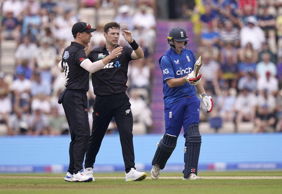 England's Harry Brook walks off the pitch after losing his wicket to the bowling of New Zealand's Matt Henry during the second one day international match between England and New Zealand, at The Ageas Bowl, Southampton, England, Sunday Sept. 10, 2023. (John Walton/PA via AP)