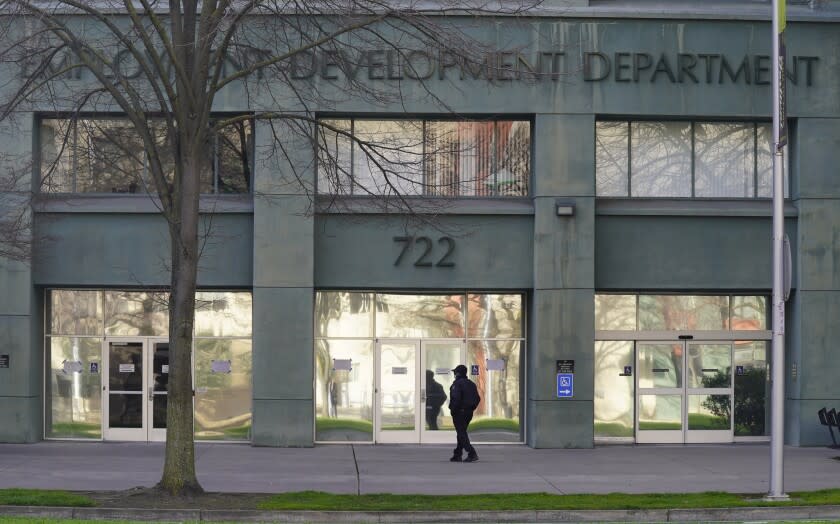 Offices of the California Economic Development Department are seen in Sacramento, Calif., Friday, Jan. 28, 2022. Former EDD director Ritz Saenz resigned Friday, after one year on the job. She will be replaced by Nancy Farias, who has been a deputy director at the department since 2020. (AP Photo/Rich Pedroncelli)