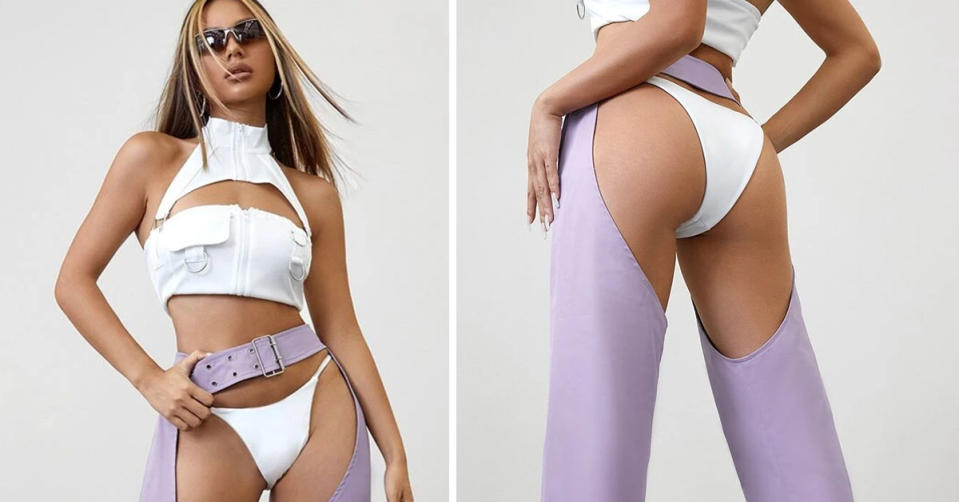 Two photos of a model wearing SHEIN's purple crotchless pants