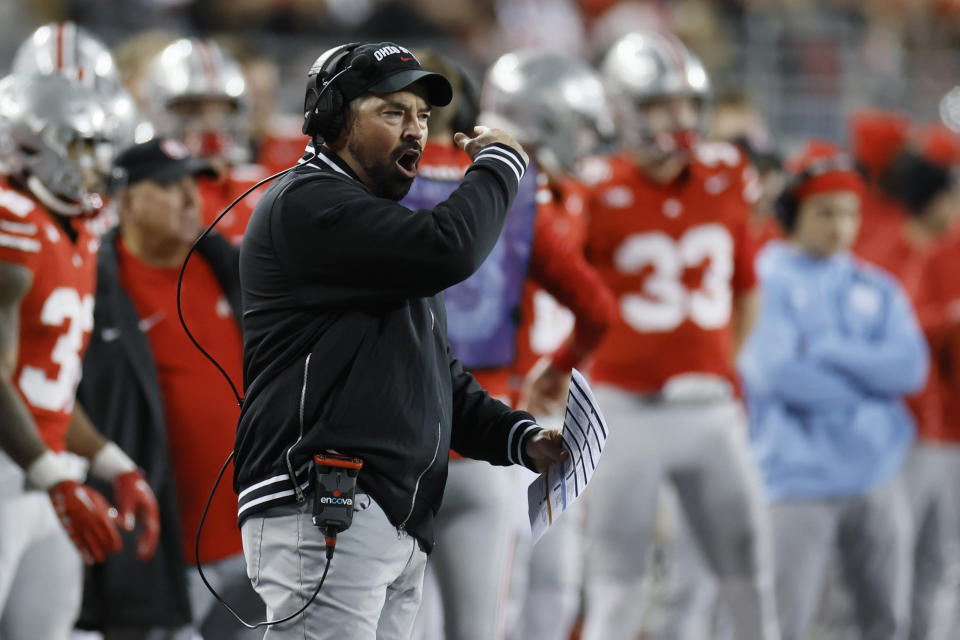 Ohio State head coach Ryan Day shouts to his team during the second half of an NCAA college football game against Minnesota, Saturday, Nov. 18, 2023, in Columbus, Ohio. (AP Photo/Jay LaPrete)