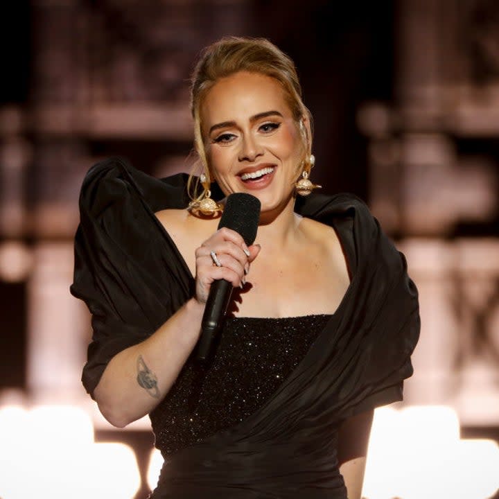 Adele singing onstage while rocking a long gown