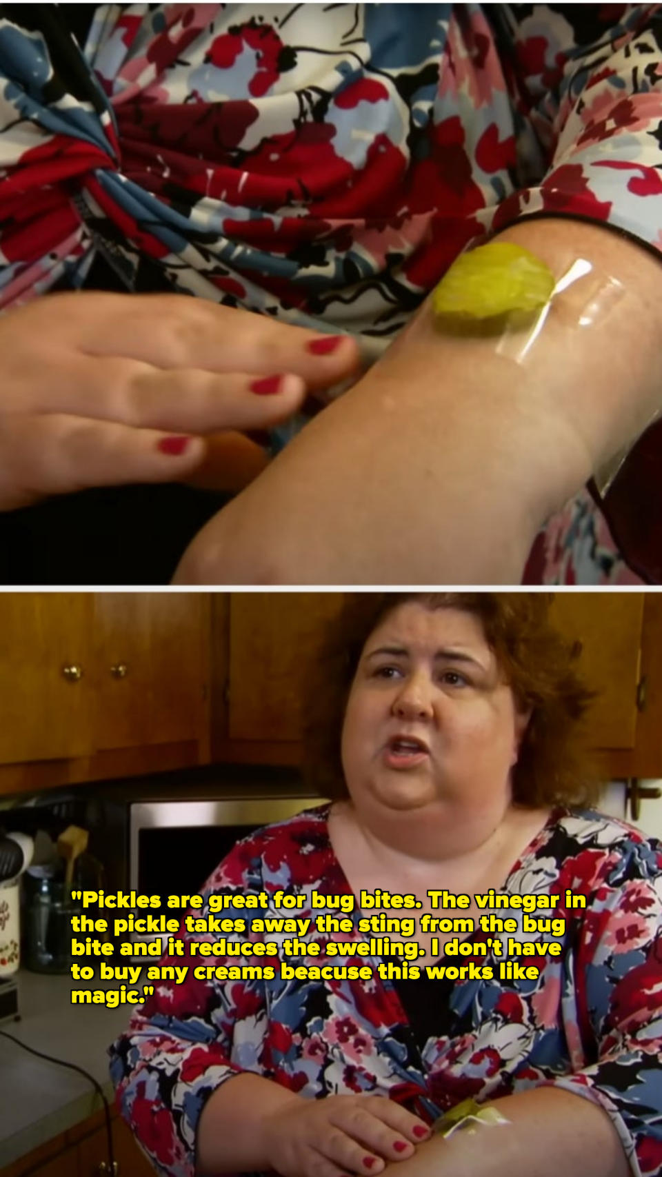 Woman receiving an injection on her arm; same woman in an interview wearing a floral top