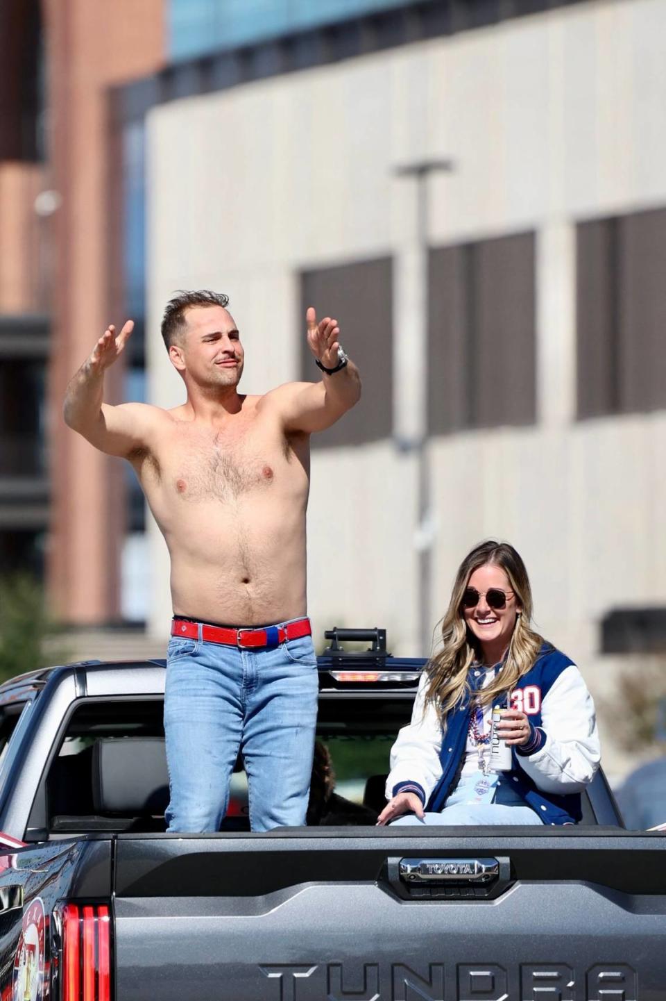 Texas Rangers first baseman Nathaniel Lowe during the World Series parade in Arlington on Friday, Nov. 3, 2023.