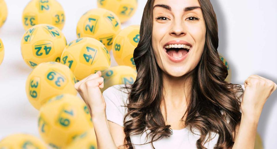 A woman is seen celebrating with lottery balls.