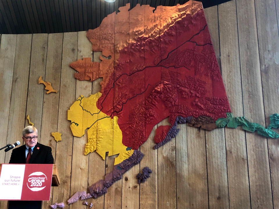 U.S. Census Bureau Director Steven Dillingham addresses state and Alaska Native leaders Friday, Jan. 17, 2020, in Anchorage, Alaska. Dillingham will travel to Toksook Bay, on an island just off Alaska's western coast, for the first count on Tuesday, Jan. 21, 2020. (AP Photo/Mark Thiessen)