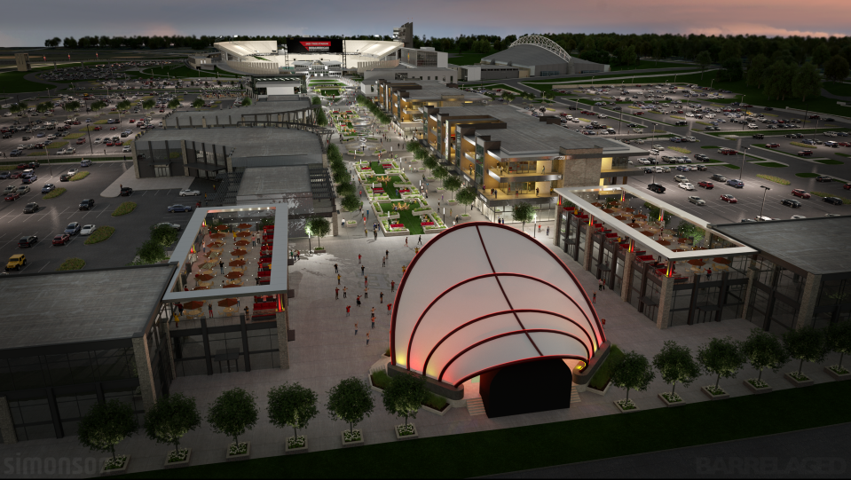 Iowa State University has begun construction on a $200 million retail, office and entertainment development called CYTown between Jack Trice Stadium and Hilton Coliseum. This is a view of the stage at night, looking south.