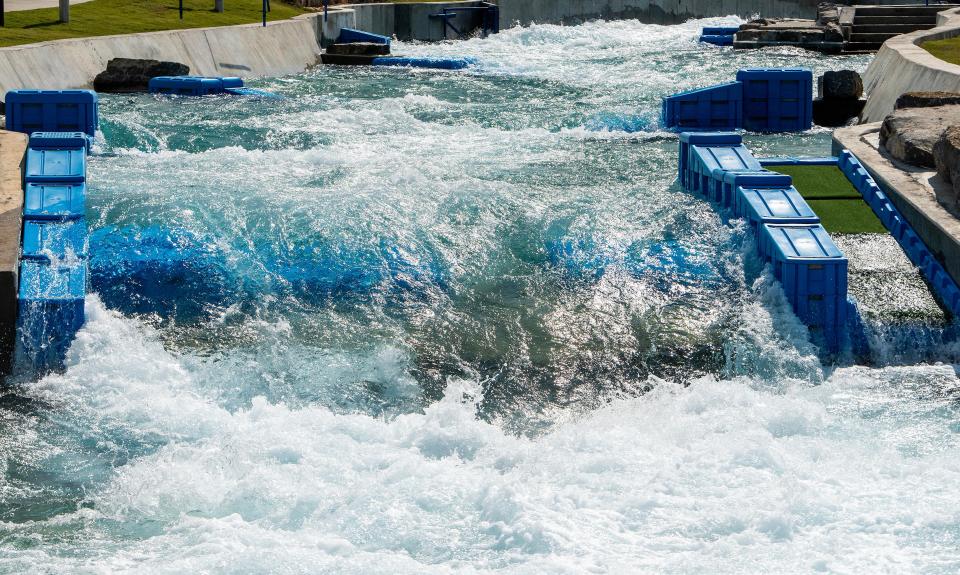 Rapid blocks in place as the pumps fill the route with water at Montgomery Whitewater in Montgomery, Ala, on Wednesday June 7, 2023.