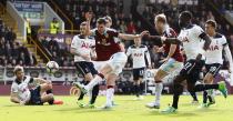 <p>Burnley’s Michael Keane misses a chance to score </p>