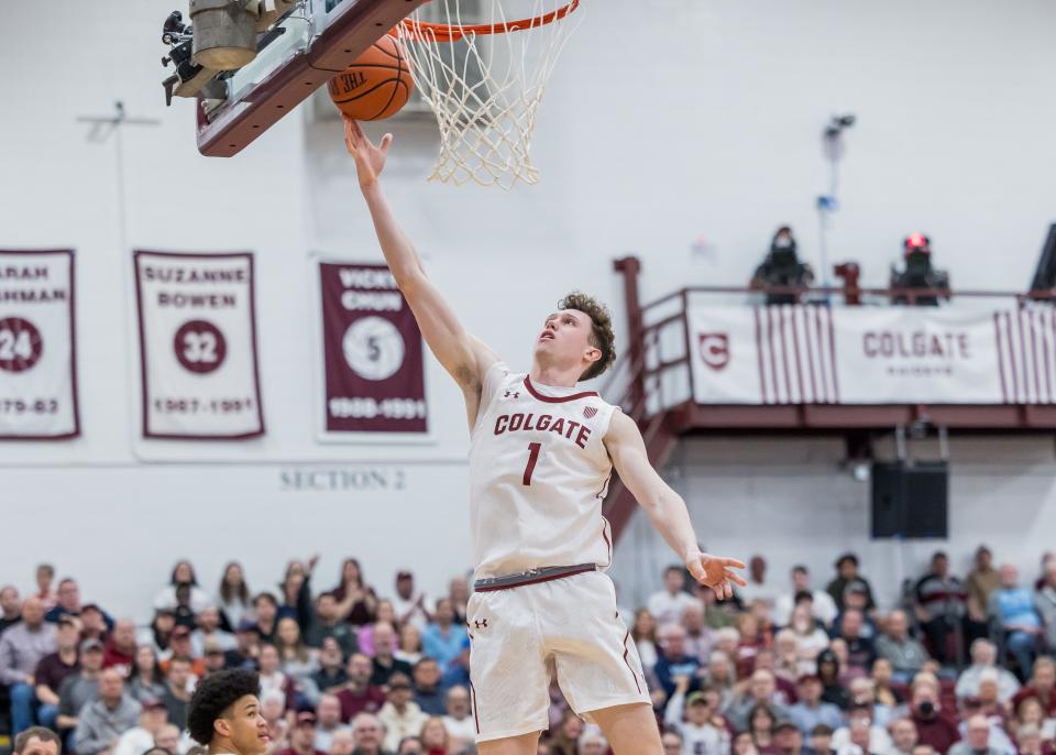 Colgate sophomore Brady Cummins goes up for two of his career-high 19 points in Wednesday's Patriot League championship game against Lehigh.