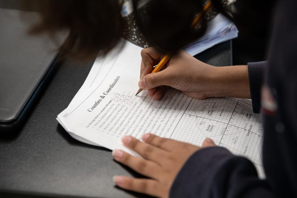 A student fills out a worksheets during a sixth-grade STEM class at Baker Middle School on Tuesday, June 20, 2023, in Corpus Christi, Texas.