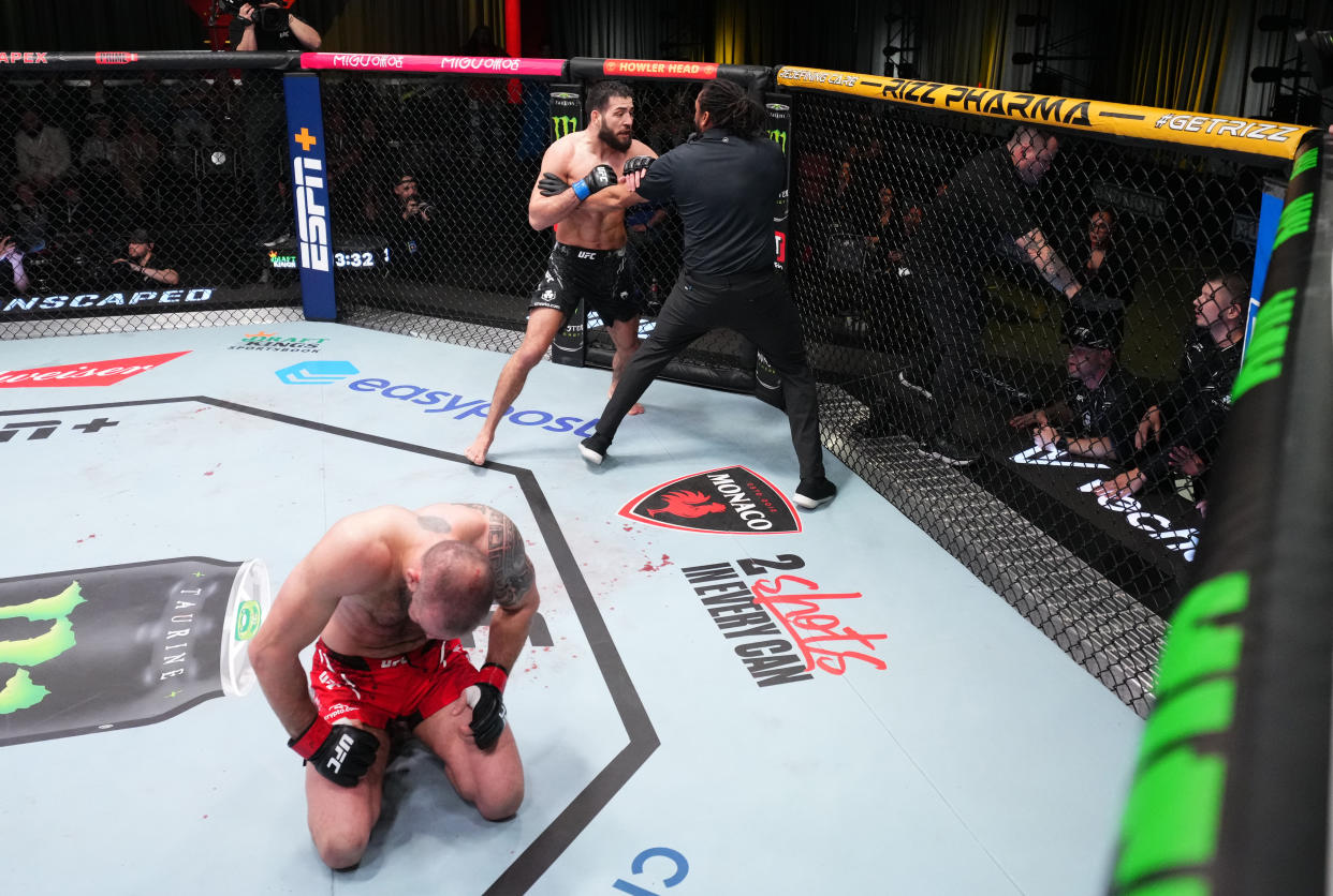 LAS VEGAS, NEVADA - FEBRUARY 03: Nassourdine Imavov of Russia argues with the corner of Roman Dolidze after an illegal kick in a middleweight fight during the UFC Fight Night event at UFC APEX on February 03, 2024 in Las Vegas, Nevada. (Photo by Chris Unger/Zuffa LLC via Getty Images)