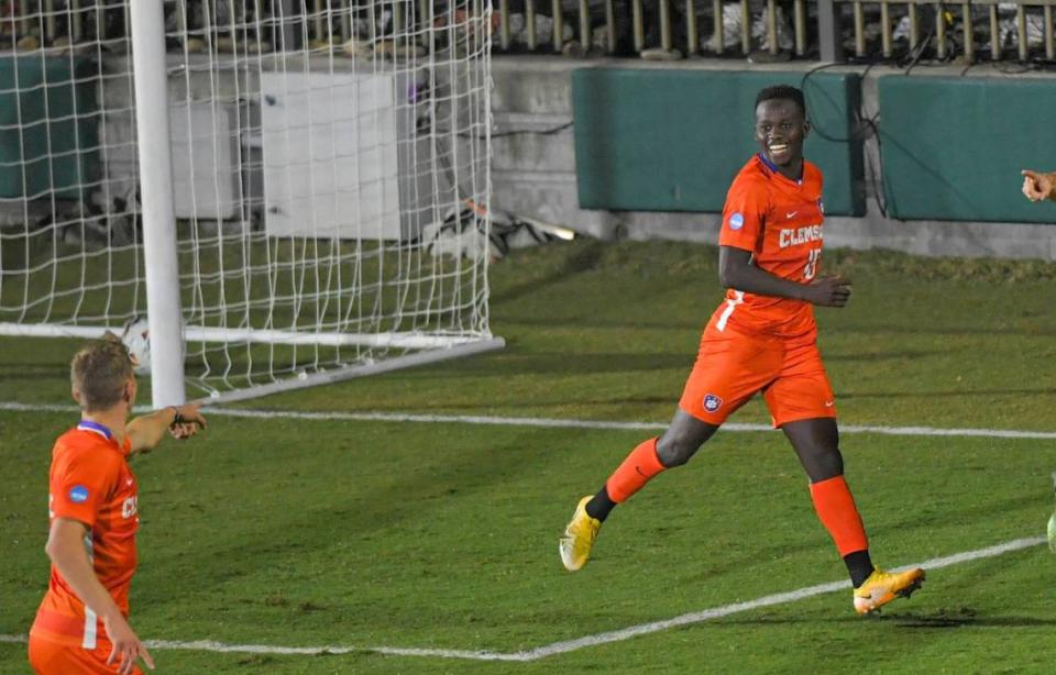 Clemson midfielder Ousmane Sylla celebrates scoring against Charlotte during the second half of NCAA Men’s Soccer round of 32 action at Historic Riggs Field in Clemson, S.C. Sunday, November 19, 2023.