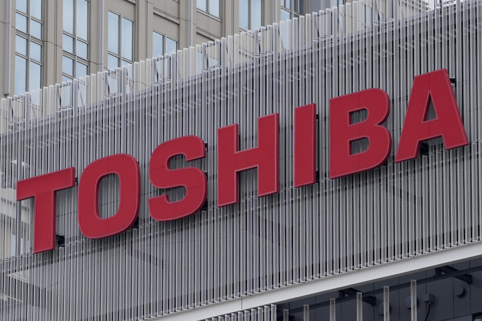 FILE - The logo of Toshiba Corp. is seen at a company's building in Kawasaki near Tokyo, on Feb. 19, 2022. Troubled Japanese technology giant Toshiba announced some additions to its proposed leadership Thursday, May 26, 2022, ahead of a shareholders’ meeting next month. (AP Photo/Shuji Kajiyama, File)