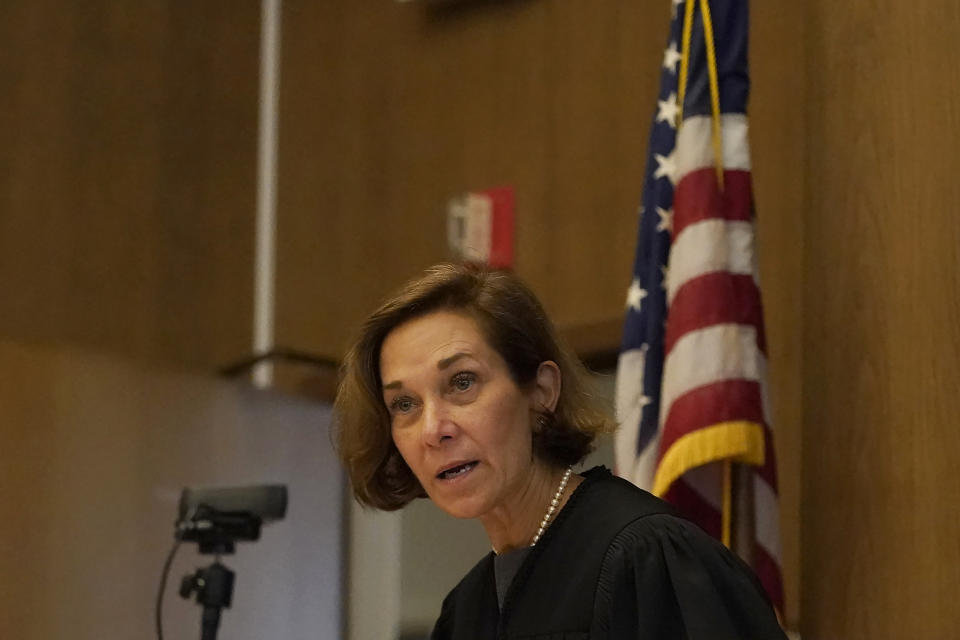 Judge Anne-Christine Massullo speaks at the San Mateo County Superior Court in Redwood City, Calif., Thursday, Aug. 11, 2022. Scott Peterson is in court for a hearing to determine whether he gets a new trial in the murder of his pregnant wife because of juror misconduct. (AP Photo/Jeff Chiu, Pool)