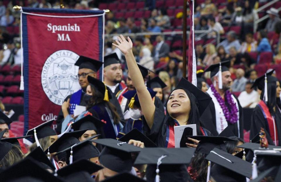 About 450 students from Fresno State’s College of Arts and Humanities gather for the commencement exercise Friday, May 20, 2022 in Fresno.