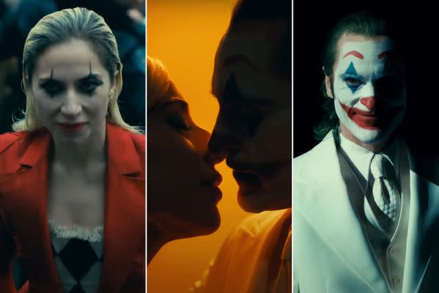 <p>Warner Bros.</p> Lady Gaga as Harley Quinn; Gaga kisses Joaquin Phoenix; Phoenix as Joker in 'Joker: Folie à Deux'