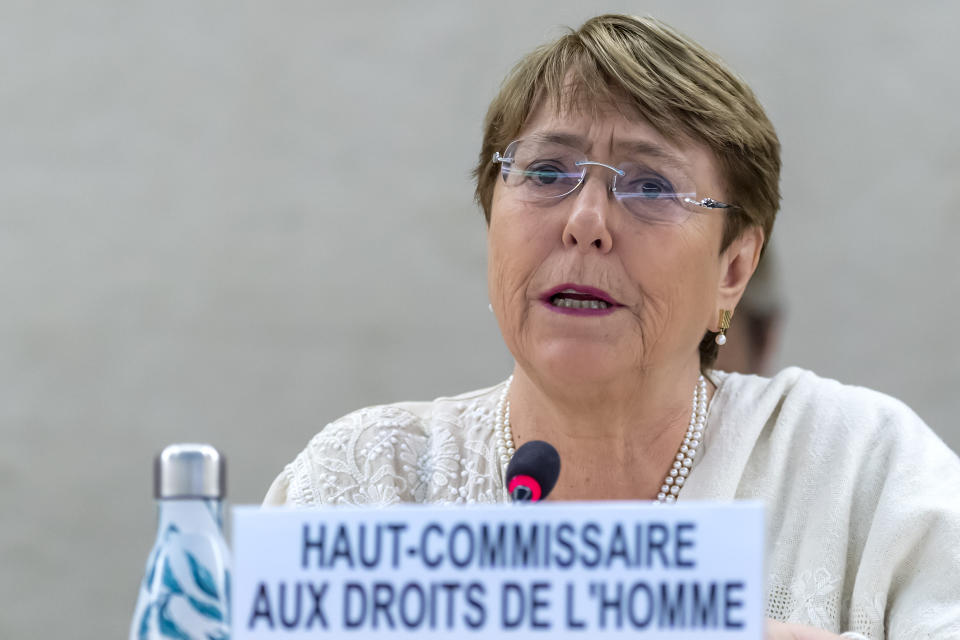 U.N. High Commissioner for Human Rights Chilean Michelle Bachelet, talk about the situation of human rights in Venezuela, during the 41th session of the Human Rights Council, at the European headquarters of the United Nations in Geneva, Switzerland, Friday, July 05, 2019. (Martial Trezzini/Keystone via AP)