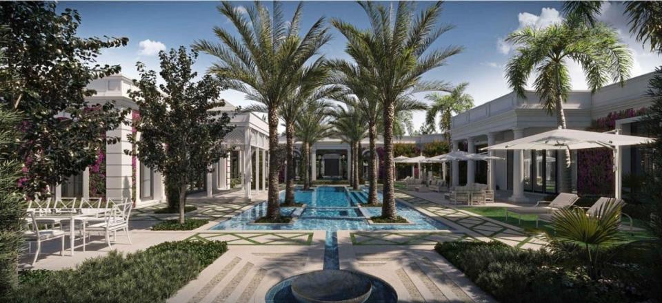 The revised pool courtyard would be extensively landscaped under town-approved plans for a major remodeling project at 7 La Costa Way in Palm Beach. The 1990s house is listed with the remodeling plans and building permits at $39.9 million.