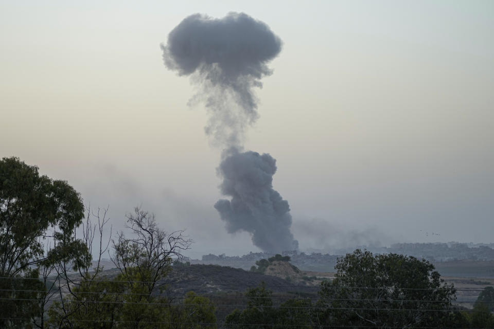 Smoke rises following an Israeli bombardment in the Gaza Strip, as seen from southern Israel, Thursday, Nov. 23, 2023. (AP Photo/Ohad Zwigenberg)