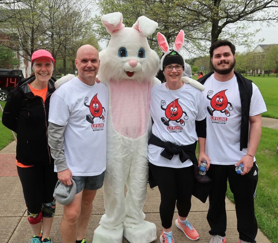 Dawn Michelle, Cliff Reeves, Christie Martin, and Brennon Murray posed for a photo with the Easter Bunny during the Bunny Run 5K and 1-mile Fun Run/Bunny Hop hosted by the Dream Center of Jackson on the lawn of Union University in Jackson, Tennessee on Saturday, March 08, 2023. Awards were given to the top three males and female finishers during the event, which is held annually to benefit the operations of the Dream Center. An Easter Egg hunt and a photo opportunity with the Easter Bunny were held for children during the event.