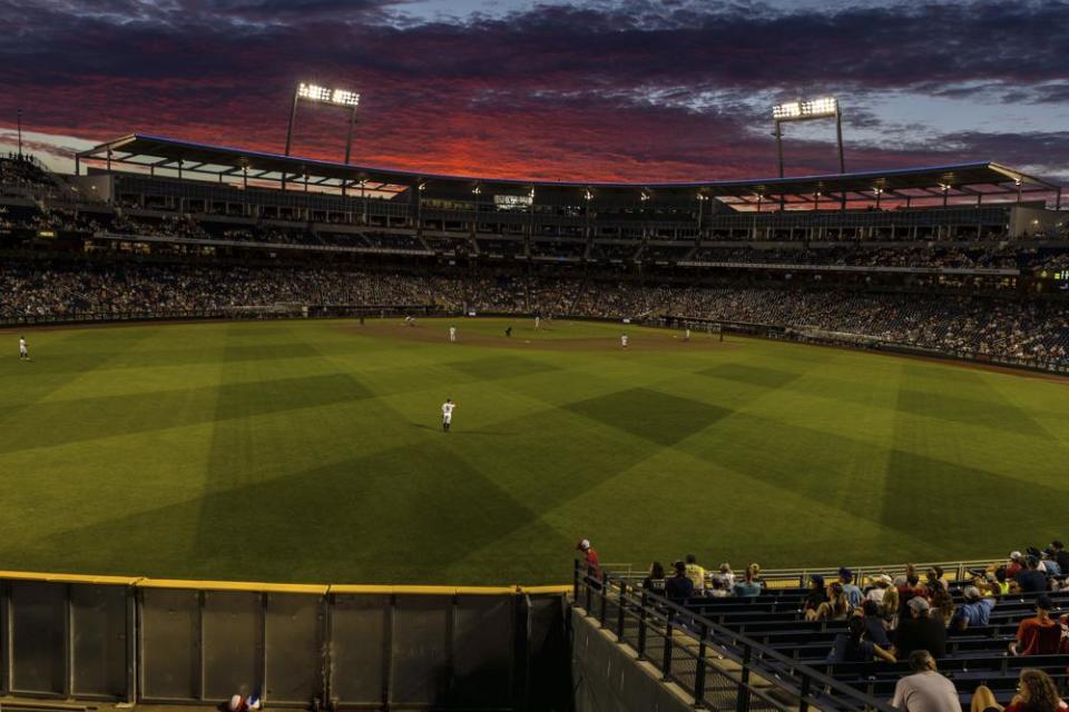 Texas shortstop Trey Faltine throws to first for an out against Notre Dame during the ninth inning of an NCAA College World Series baseball game Friday, June 17, 2022, in Omaha, Neb. (AP Photo/John Peterson)