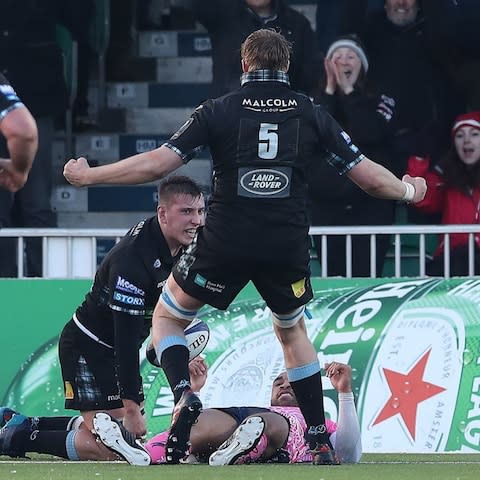 Matt Fagerson celebrates scoring Glasgow's fourth try - Credit: Getty images