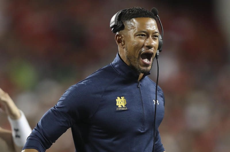 Coach Marcus Freeman and Notre Dame will face Navy at 2:30 p.m. EDT Saturday in Dublin. File Photo by Aaron Josefczyk/UPI